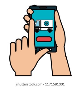 hands with smartphone and ambulance telemedicine