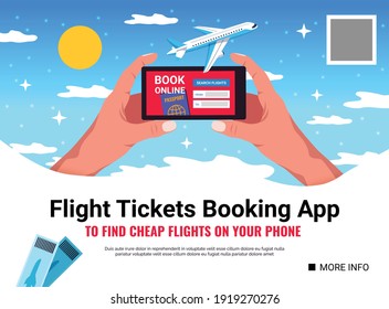 Hands with smartphone app booking background with sky clouds and editable text with more info link vector illustration