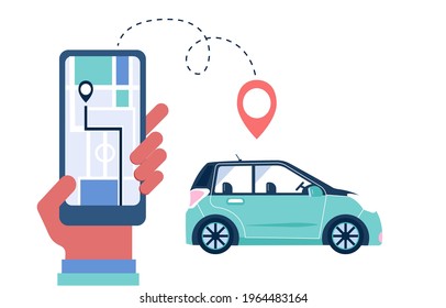 Hands with smartphone app for car sharing and rent service. Big creen for online carsharing and carpooling travel with route and points location on a city map. Transportation vector concept