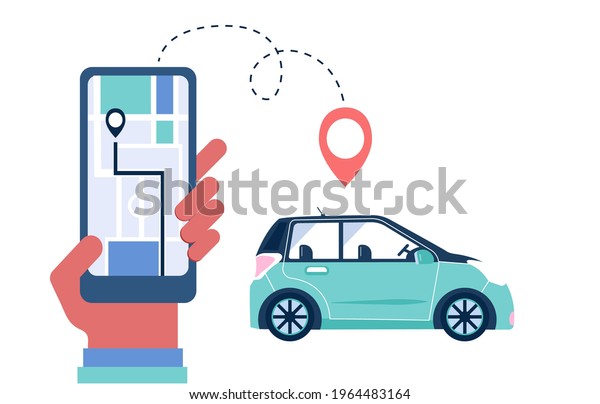 Hands with smartphone app for car sharing and\
rent service. Big creen for online carsharing and carpooling travel\
with route and points location on a city map. Transportation vector\
concept