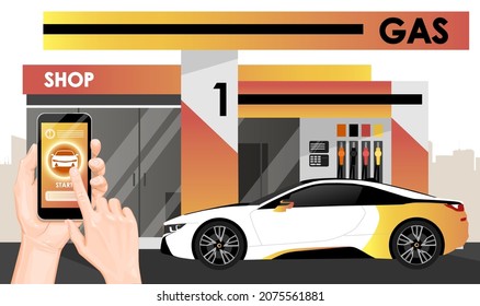 Hands and smartphone and car refueling service app screen  Gas station  white sedan car and yellow  orange gradient trunk  petrol pump  roadside shop  cityon background  Vector illustration