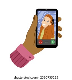 Hands with smartphone. Character holding phone and calling red haired girl. Online communication with friend. Incoming call screen. Cartoon flat vector illustration isolated on white background