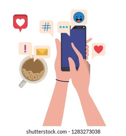 hands with smartphone and coffe isolated icon