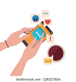 hands with smartphone and coffe isolated icon
