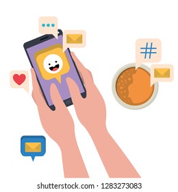 hands with smartphone and coffe isolated icon