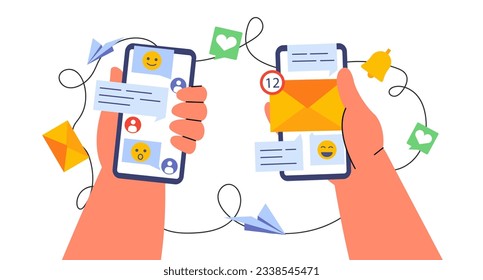 Hands with smartphone concept. Communication in social networks and messengers, electronic mail. Character with mobile phones, smartphones. Distance interaction. Cartoon flat vector illustration