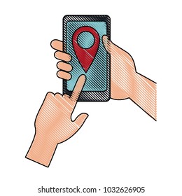 hands and smartphone with delivery service application location pointer