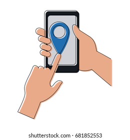 hands and smartphone with delivery service application location pointer