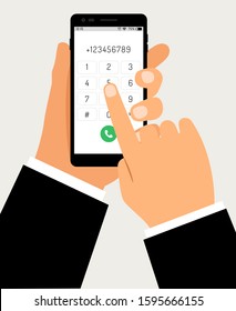 Hands with smartphone dialing. Mobile touch screen phone with numbers pad and business hand, businessman cellphone dial connection cartoon vector illustration