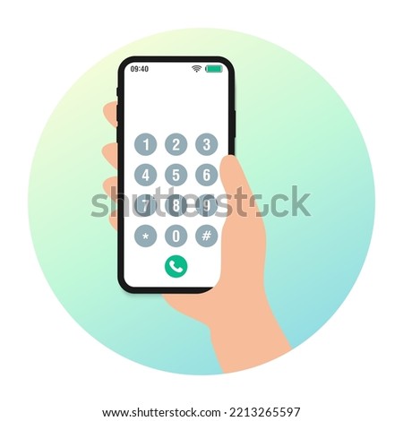Hands with smartphone dialing. Mobile touch screen phone with numbers pad, cellphone dial connection cartoon vector illustration