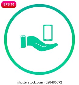 In the hands of the smartphone icon, vector illustration.