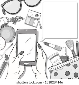 Hands with a smartphone and items of women's cosmetics. Black and white vector illustration. Decorative cosmetics for face and nails. For beauty, fashion magazine, print media, web apps, mobile apps