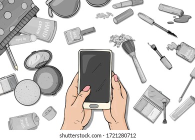 Hands with a smartphone and items of women's cosmetics. Black and white vector illustration. Decorative cosmetics for face and nails. For beauty, fashion magazine, print media, web apps, mobile apps.