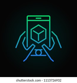 Hands with smart-phone linear colored icon. Augmented Reality or AR concept outline symbol on dark background