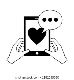 hands with smartphone love heart speech bubble