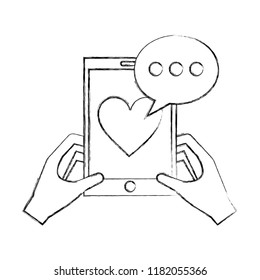 hands with smartphone love heart speech bubble