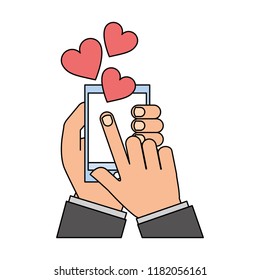 hands with smartphone love hearts