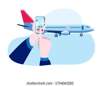Las manos con un smartphone hacen el check-in electrónico para el vuelo. Concepto de ilustración vectorial sobre el tema del registro en línea para un avión.