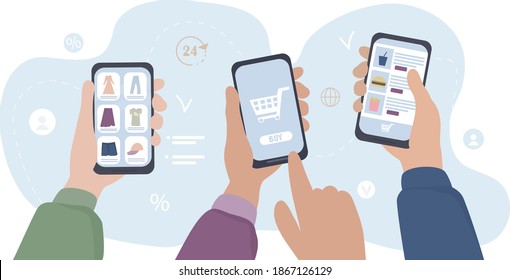 Hands with smartphone make purchases online through mobile applications. The man makes an order in an online store, selects things. Safety shopping. Vector flat