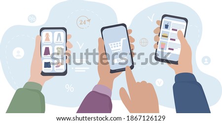 Hands with smartphone make purchases online through mobile applications. The man makes an order in an online store, selects things. Safety shopping. Vector flat