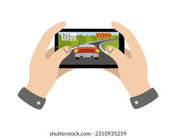 Hands with smartphone. Man holding phone and playing racing game. Color sticker with body part and gadget. Badge with screen for websites. Cartoon flat vector illustration isolated on white background