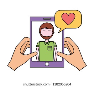 hands with smartphone man talk bubble love heart