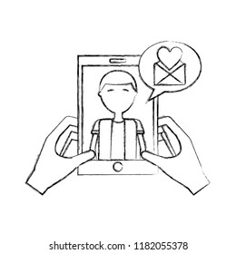 hands with smartphone man talk bubble message love