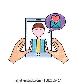 hands with smartphone man talk bubble message love