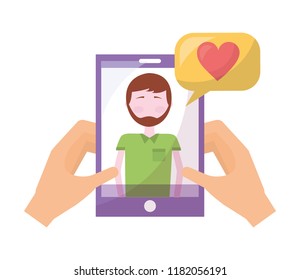 hands with smartphone man talk bubble love heart