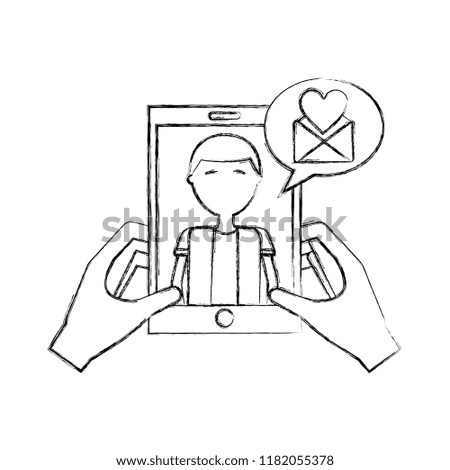 hands with smartphone man talk bubble message love