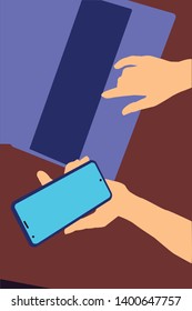 Hands with a smartphone on the keyboard of the laptop. colorful vector illustration