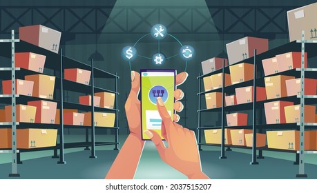 Hands with smartphone on warehouse interior background. Smart logistics, cargo and goods delivery postal service. Storehouse distribution business app, logistic technology, Cartoon vector illustration