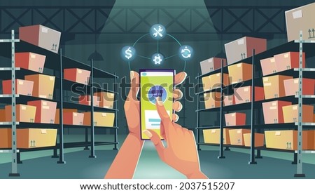 Hands with smartphone on warehouse interior background. Smart logistics, cargo and goods delivery postal service. Storehouse distribution business app, logistic technology, Cartoon vector illustration