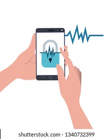 hands with smartphone and padlocked