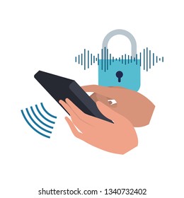 hands with smartphone and padlocked