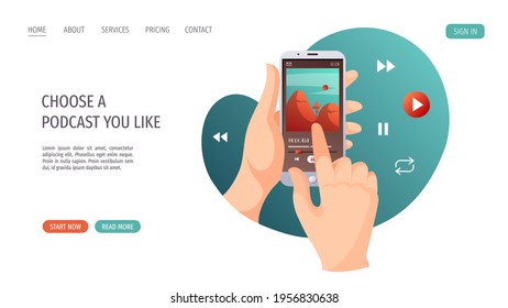 Hands with smartphone. Podcast, radio broadcasting, music, audio book, E-learning, online courses concept. Vector illustration for website, poster, banner, advertising.