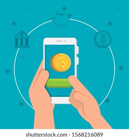 hands and smartphone with set icons vector illustration design