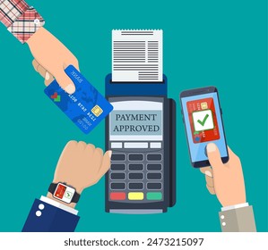 Hands with smartphone, smartwatch and bank card near POS terminal. Wireless, contactless or cashless payments, rfid nfc. Vector illustration in flat style