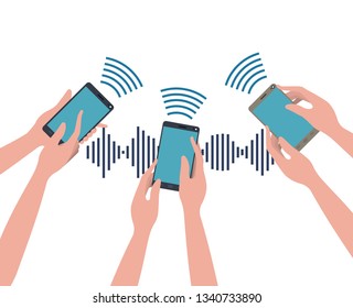 hands with smartphone and sound wave