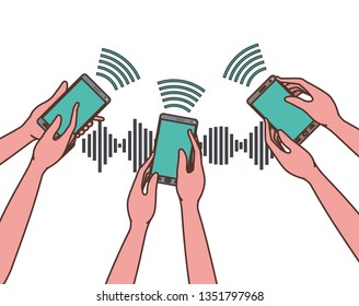 hands with smartphone and sound wave