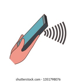 hands with smartphone and sound wave