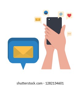 hands with smartphone and speech bubble icons