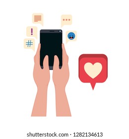 hands with smartphone and speech bubble icons