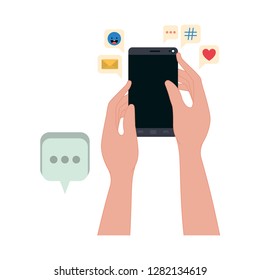 hands with smartphone and speech bubble icons