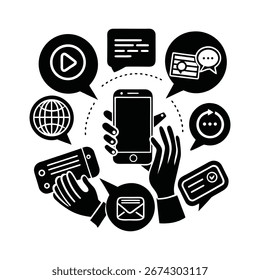 Manos y smartphone rodeados de iconos de servicio digital