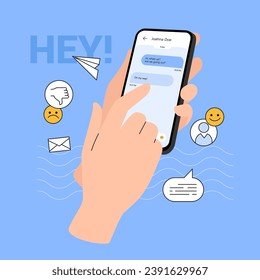 Manos con mensajes de texto de smartphone en messenger. Sonríe y no le gustan los íconos. Comunicación en línea. Diseño de vectores sobre fondo azul.