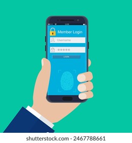 Manos con smartphone desbloqueado por sensor de huellas digitales. Seguridad del teléfono móvil, acceso personal vía finger, autorización, protección de la red. Ilustración vectorial plana