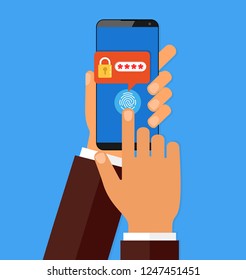 Hands with smartphone unlocked with fingerprint button and password notification vector, mobile phone security, cellphone personal access via finger, user authorization, login, protection technology