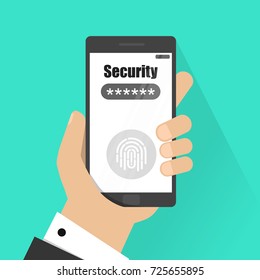 Hands with a smartphone unlocked with a fingerprint button and password notification of a vector, mobile phone security, cellphone, access, user authentication, login, password protection technology