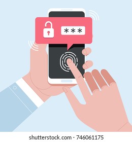 Hands with smartphone unlocked with fingerprint button and password notification vector, mobile phone security, cellphone personal access via finger, user authorization, login, protection technology